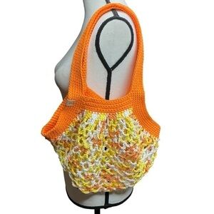 Small Crochet Mesh Market Bag Orange Yellow Cotton Handcrafted Handmade Reusable